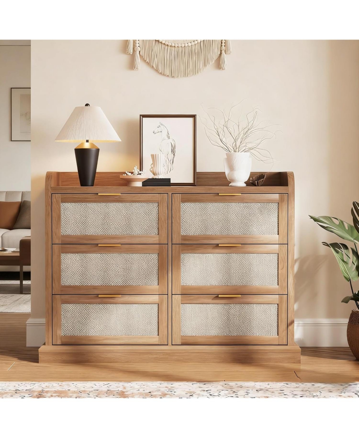 gaomon Farmhouse 6 Drawer Dresser for Bedroom, Rattan Chest of Drawers with Storage,Large Dresser Chest of Drawers with Gold Handle,Boho Tv Stand