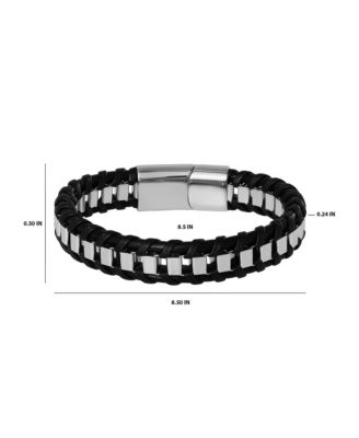 Men s Woven Leather & Stainless Link Bracelet, Magnetic Clasp - 8.5''
