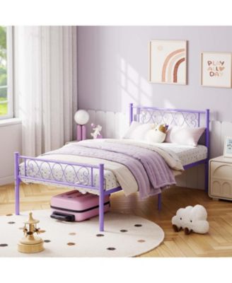 Bed Frame with Headboard and Footboard for Girls and Boys, Metal Platform Bed Frame with Iron-Art Sweet Heart, Under Bed Storage