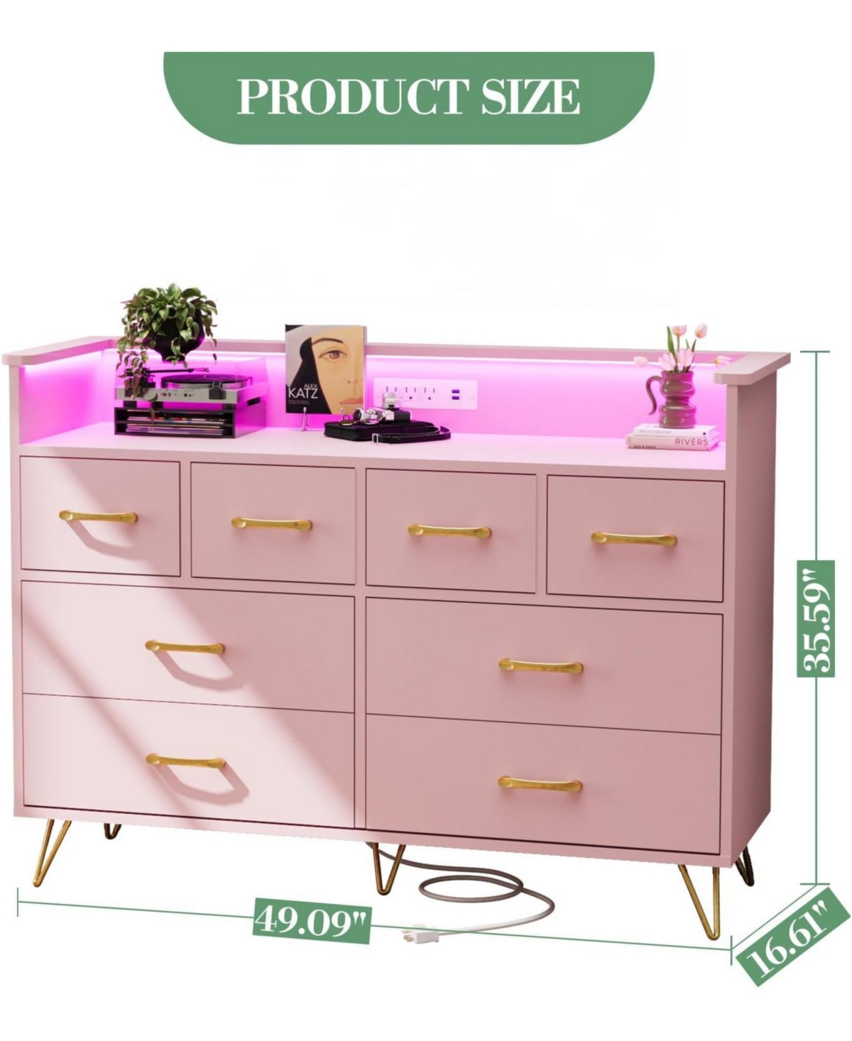 gaomon 8 Drawer Wood Dressers for Bedroom with Led Light and Power Outlet, Wooden Open Shelves Adult Kids