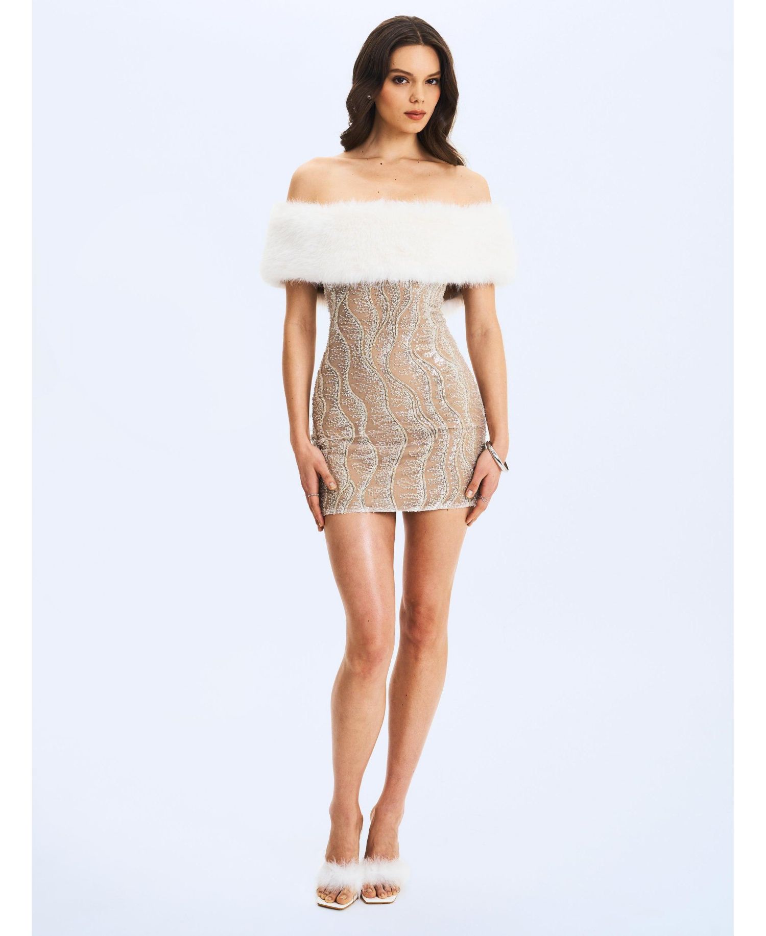 Women's Averie Faux Fur Off-Shoulder Sequin Mini Dress