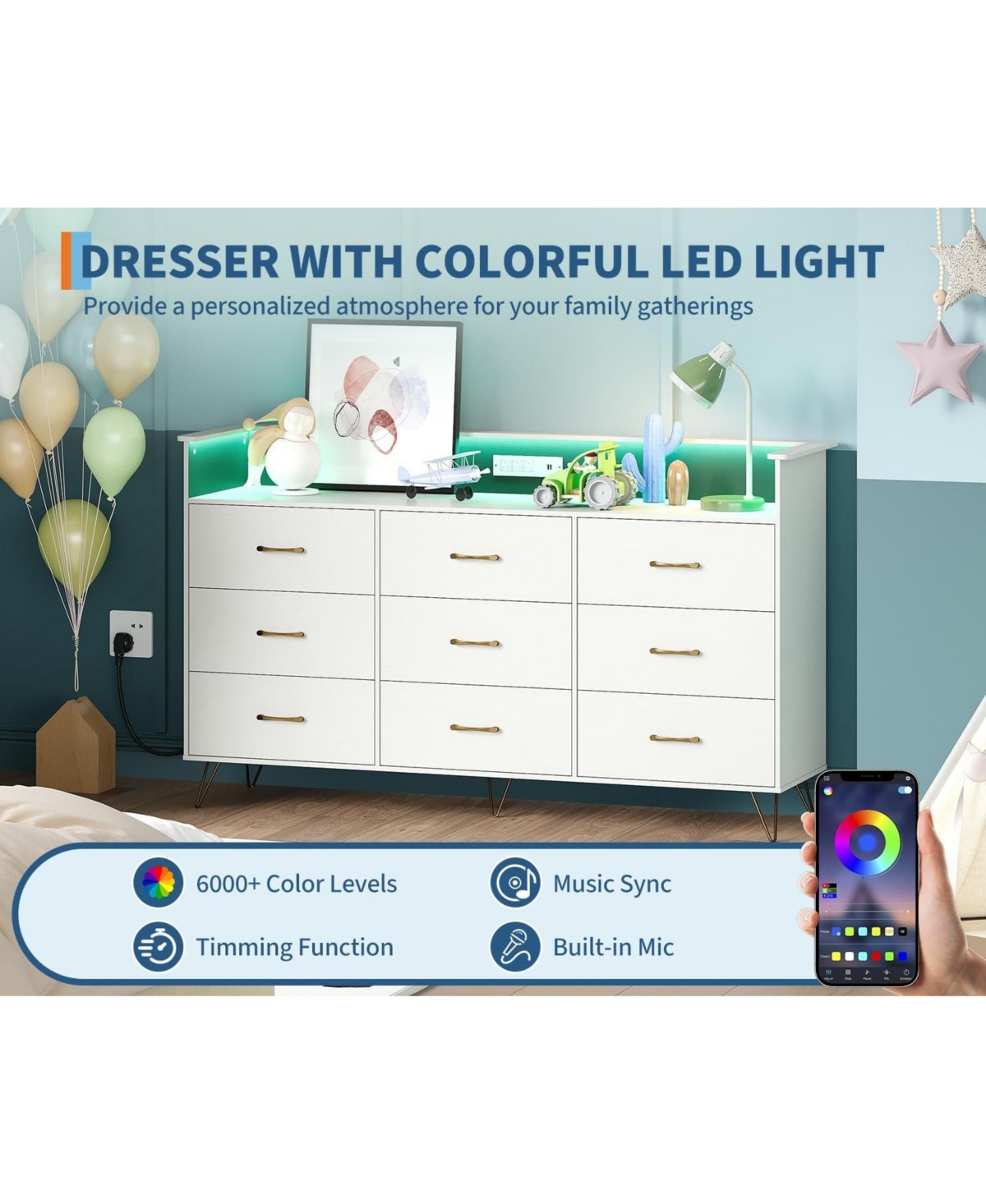 gaomon 9-Drawer Tall Dresser with App-Controlled Rgb Lights & Charging Station, Modern Wooden Chest 3 Outlets/2 Usb