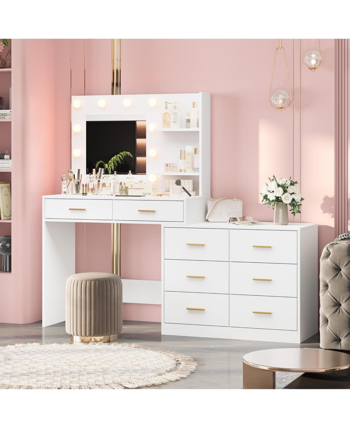 gaomon 61" Vanity Desk with Mirror & Lights - Makeup Vanity with 8 Wide Drawers, 2-Tier Shelves, 3 Dimmable Modes