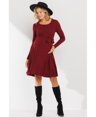 Maternity Rib Knit Empire Waist Long Sleeve Knee-Length Dress
