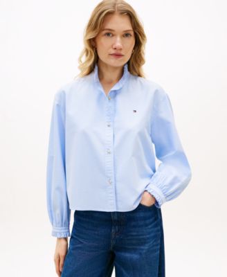 Women's Cropped Ruffled Oxford Collared Shirt
