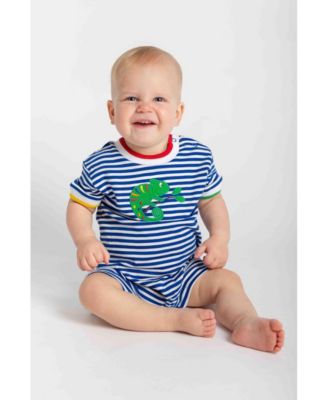 Baby Boy Stripe Knit Shortall With Lizard