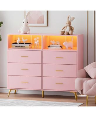 Dresser for Bedroom with 6 Drawers, Multi-Functional Nursery Dresser with LED Lights & Charging Station