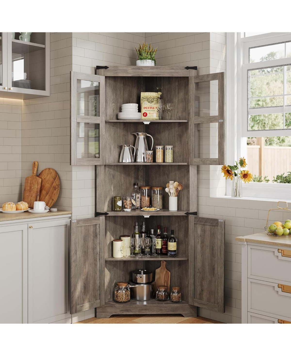 gaomon Tall Corner Cabinet, Farmhouse Storage Cabinet with 4 Tempered Glass Doors and Adjustable Shelves