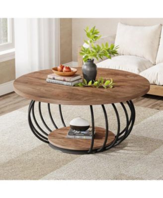Round Coffee Table for Living Room, 39.4" Industrial Wooden 2-Tier Circle Accent Center Cocktail Table with Storage Shelf and Metal Frame