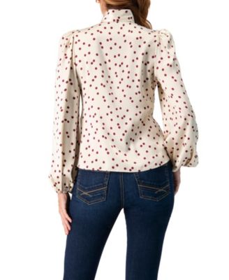 Women's Long Sleeve Polka Dot Blouse with Neck Tie