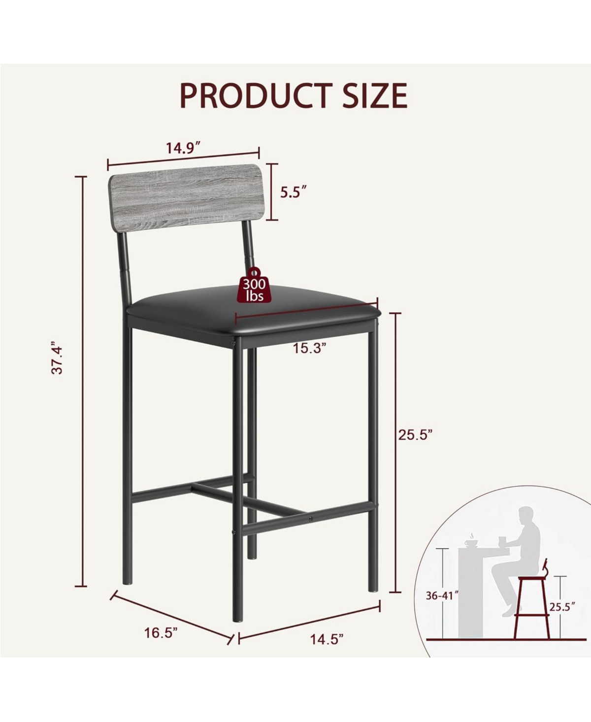gaomon Kitchen Table Bar Stools Set of 2 Counter Height Bar Chairs for Dining Room, Home Office, Living Room