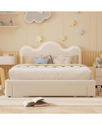 Queen Upholstered LED Bed Frame with Storage Drawers Girls Bed with Flower Headboard Boucle Princess Platform Bed Frame.