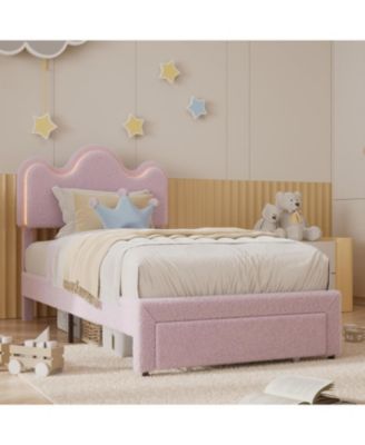 gaomon Twin Upholstered LED Bed Frame with Storage Drawers Girls Bed with Flower Headboard Boucle Princess Platform Bed Frame
