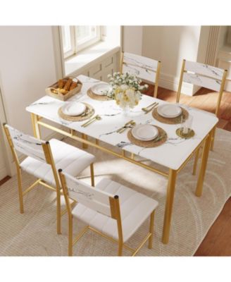 27.6" W Dining Table Set for 4, Wood Kitchen Table with Upholstered Chairs, White & Gold