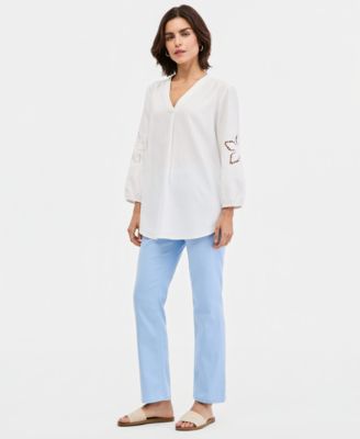 Women's V-Neck Embroidered-Sleeve Linen-Blend Top