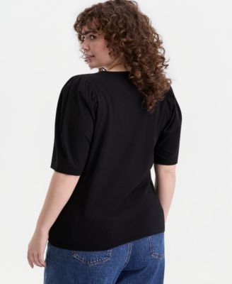 Trendy Plus Printed Ruched Puff-Sleeve Crewneck Top