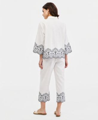Women's Embroidered Button-Front Shirt & Cropped Pull-On Pants