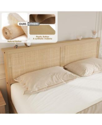 Natural Rattan Bed Frame with Wood Headboard, 2 Storage Drawers, RGB Led Lights, Easy Assemble Boho Platform Bed with Strong