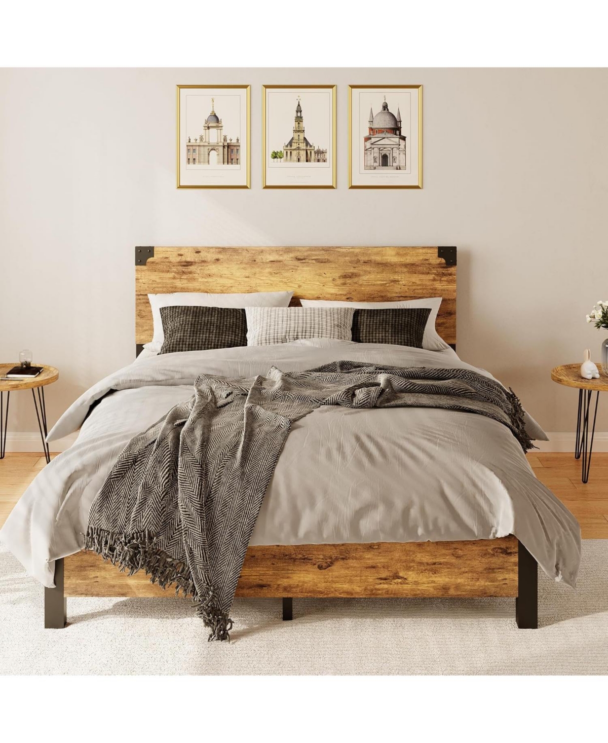 Gamon Rustic Brown Queen Size Platform Bed Frame with Wooden Headboard – Under-Bed Storage, No Box Spring Required, Easy Assembly