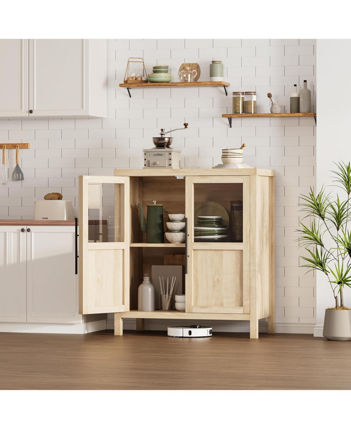 gaomon 29" Large Buffet Sideboard Cabinet with 2 Glass Doors and Shelves, Modern Farmhouse Storage Table for Kitchen Dining Room, Living