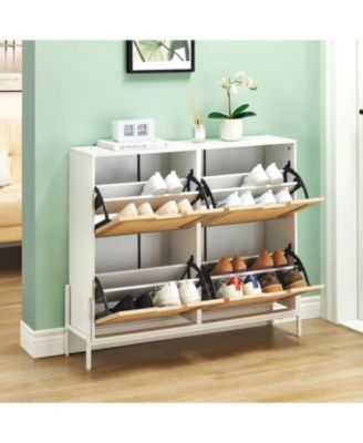Rattan Shoe Storage Cabinet with 4 Flip Drawers, Freestanding Shoe Organizer Adjustable Shelves for Entryway, Narrow Farmhouse Slim Shoe Rack