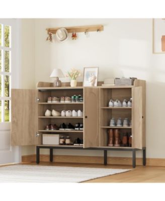 Freestanding shoe cabinet with 3 rattan doors, adjustable shelves, and 7-tier closed storage for entryway or hallway.
