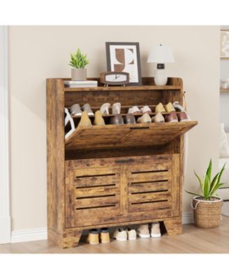 Narrow freestanding shoe cabinet with 2 flip drawers, hidden slim storage, and hooks, ideal for entryway or foyer.