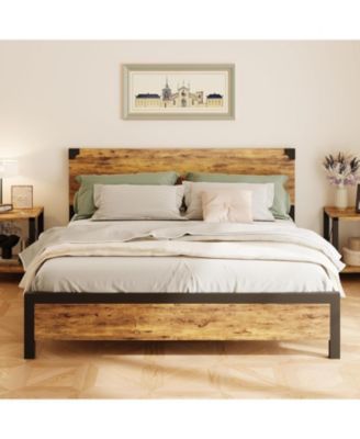 Gamon Rustic Brown King Platform Bed Frame with Wooden Headboard & Under Bed Storage