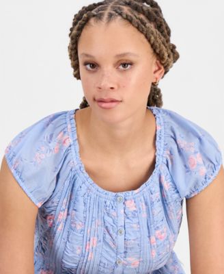 Women's Round-Neck Ruched Button-Front Top