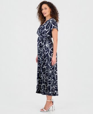 Women's Printed Surplice-Neck Pleat-Skirt Dress
