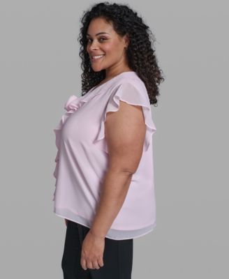 Plus Size Rosette V-Neck Ruffle Blouse Top