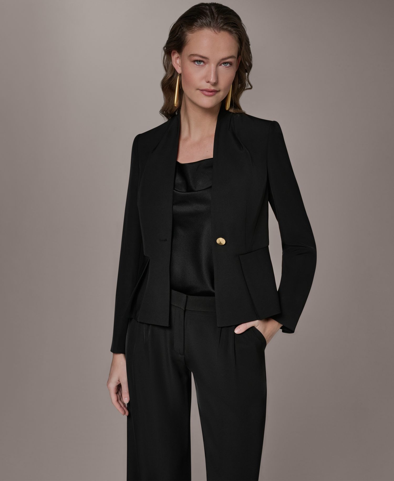 Petite Collarless One Button Blazer