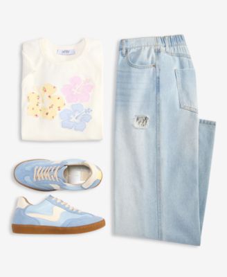 Juniors' Lace-Trim Destructed Elastic-Back Jeans