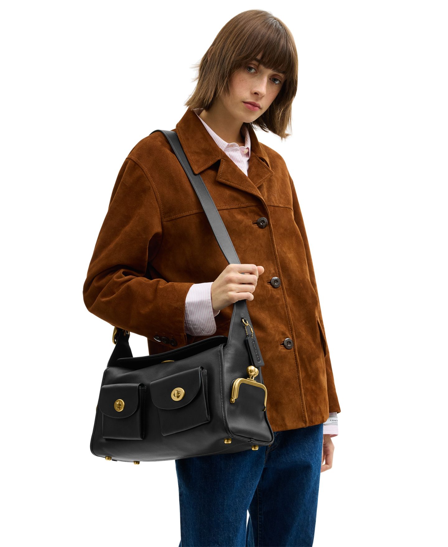 Женская сумка COACH Originals Turnlock Haversack Large Leather Shoulder, цвет: Латунный / Чёрный — фото 2