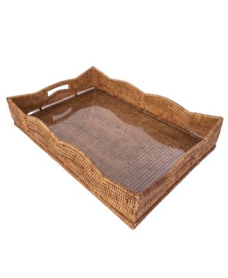 Rattan Scallop Rectangular Tray with Glass Insert