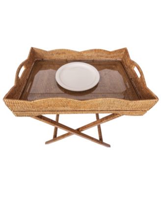 Artifacts Rattan Scallop Design Butler Tray with Wooden Legs & Glass Insert