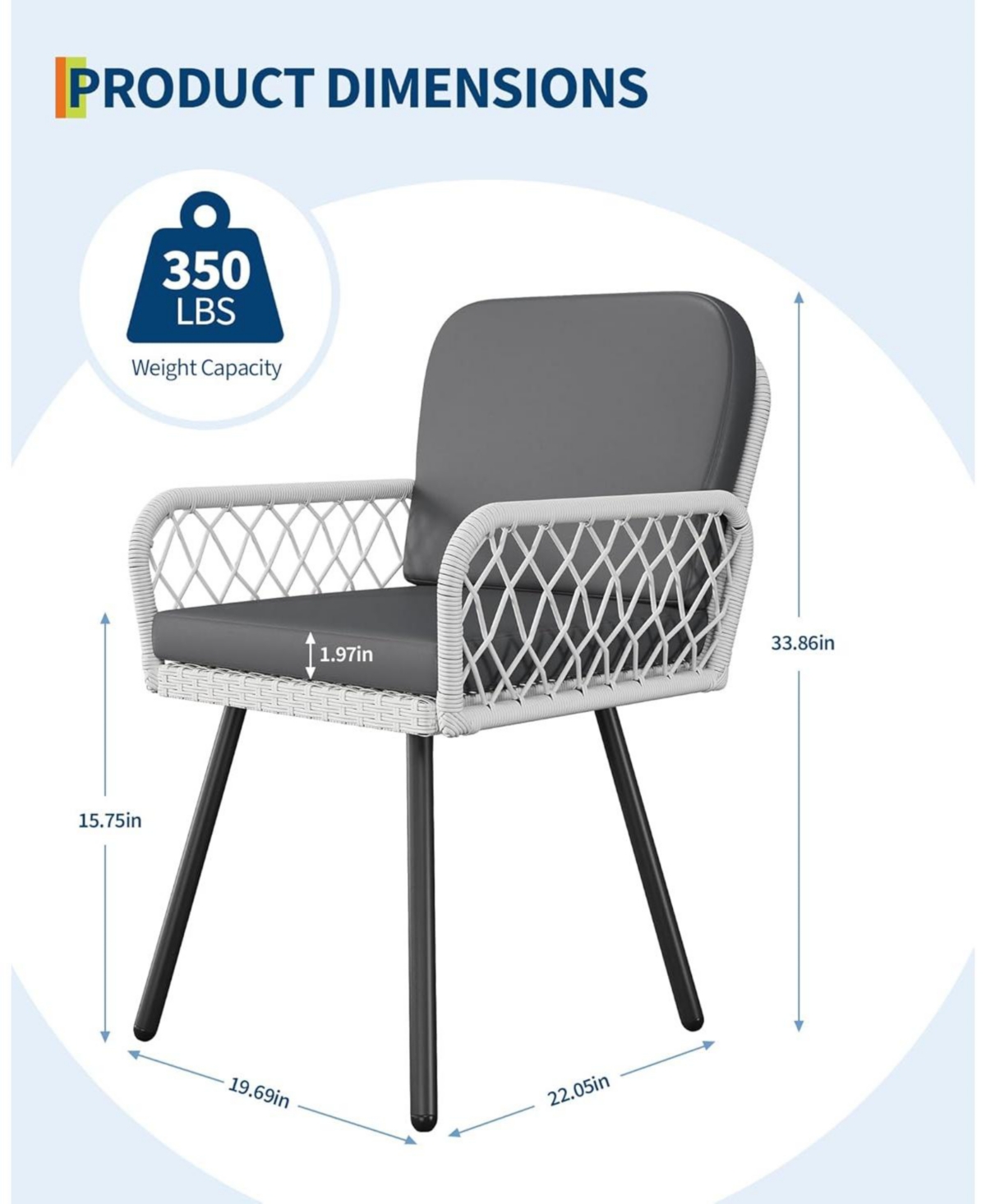 gaomon Patio Dining Chairs Set of 2 with Black Metal Frame & White Hand-Woven Rattan, Porch Armchairs with Cushion for Indoor, Garden, Balcony, Deck