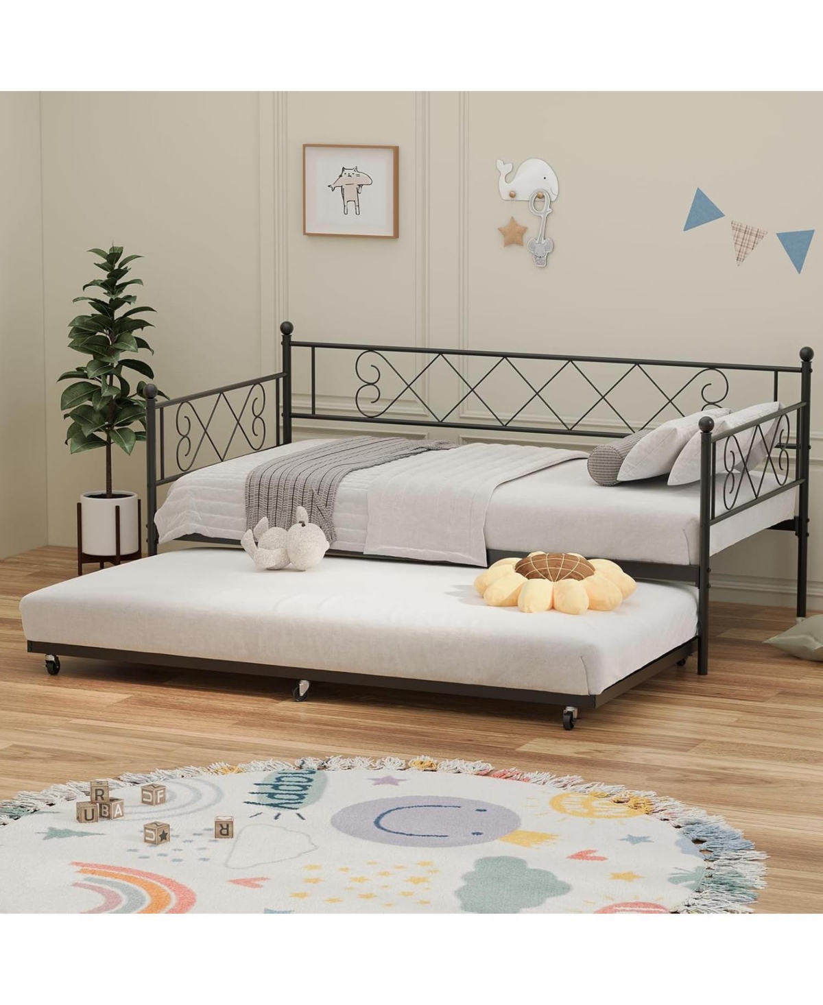 gaomon Daybed with Trundle, Twin Metal Bed Frame Heart-Shaped Headboard, Sturdy Steel Slat Support