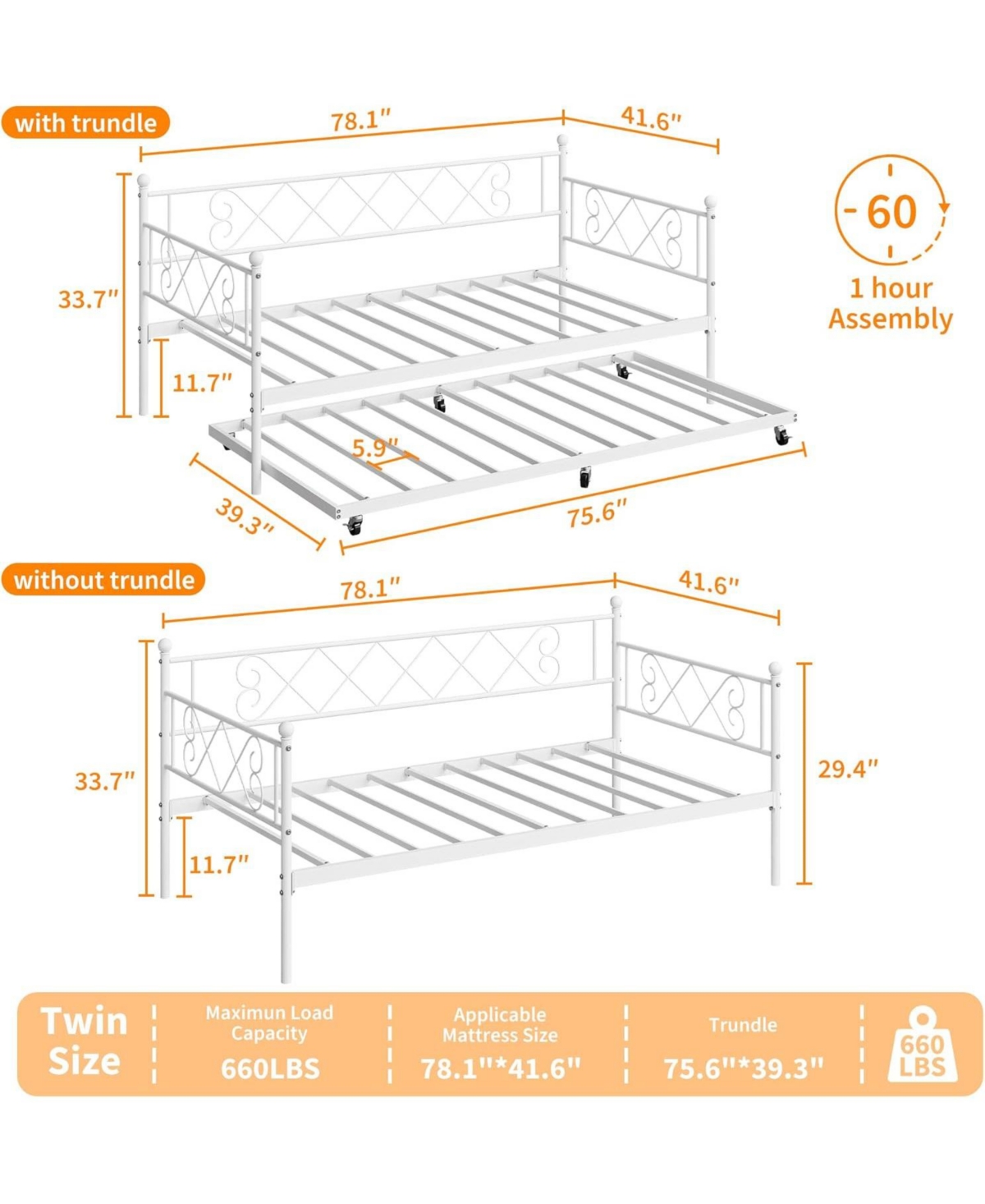 gaomon Daybed with Trundle, Twin Metal Bed Frame Heart-Shaped Headboard, Sturdy Steel Slat Support