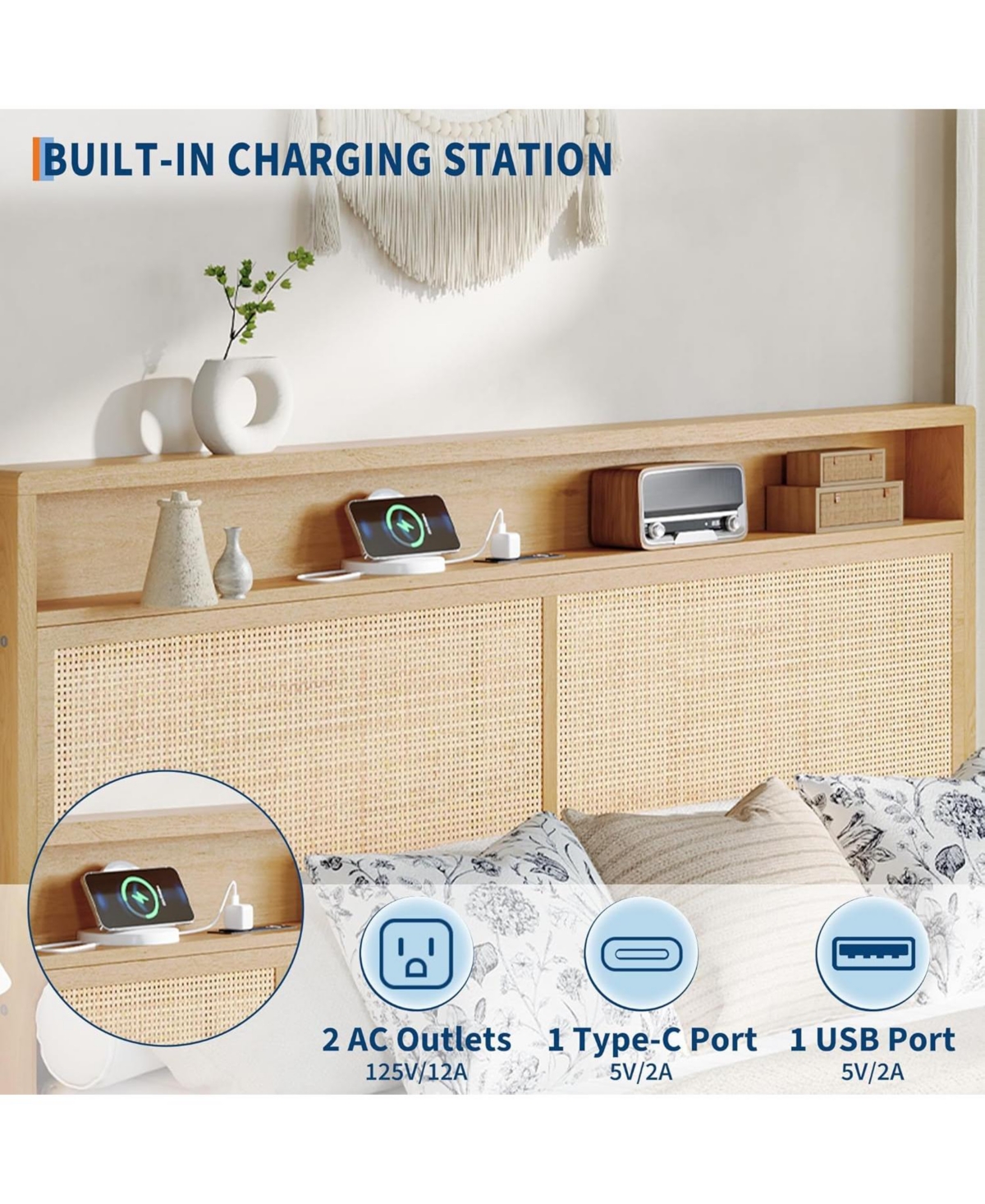 gaomon Rattan Bed Frame with Led Lights, Boho Wood Bed Frame with Storage Headboard & Charging Station, Silent Slats