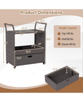 Outdoor Wicker Bar Cart Table with Tempered Glass Top, Patio Serving Cart