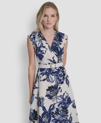 Women's Cap-Sleeve Surplice Neck Belted Midi Dress
