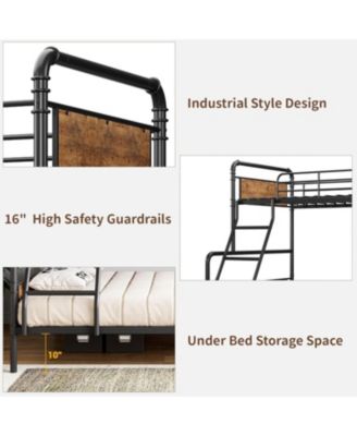 Metal Bunk Bed Twin Over Full Size with Angled Ladder, High Guardrail, Heavy Duty Bunk Bed Frame with Metal Slats, Smooth Rounded Edges