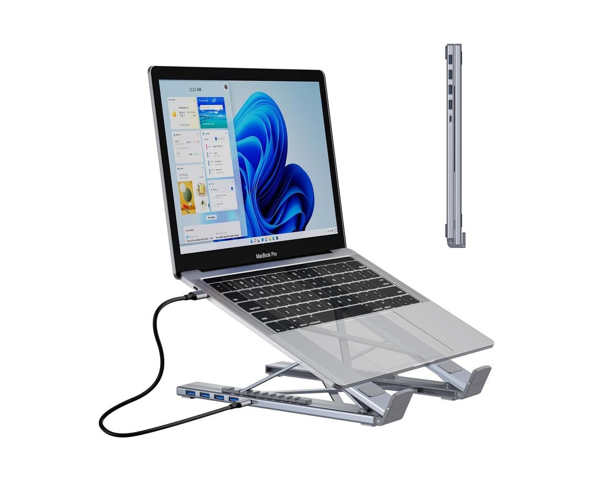 Risokeys 8-in-1 Usb C Laptop Docking Station Stand with 4K Hdmi, Ergonomic Height Adjustable Hub for Home Office & Travel