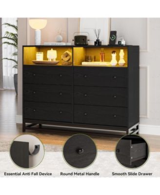 Dresser for Bedroom,Wide Wood Dresser with 6 Drawers,Storage Chest of Drawers with Plug-in Charging Hub&,Sturdy Steel Frame,55 Inch TV Stand