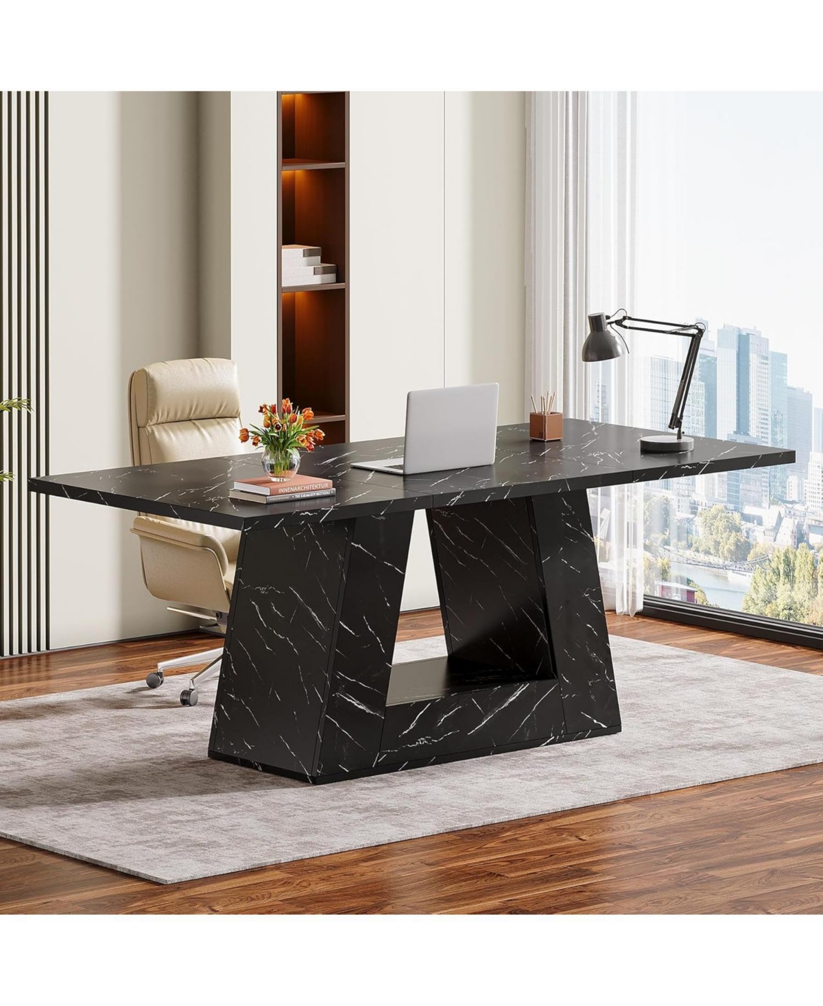 Tribesigns 63-Inch Large Computer Desk, Modern Office Desk Workstation, Simple Style Executive Study Table, Wooden Faux Marble Writing