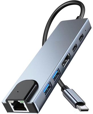 6 in 1 Type C to HDTV Adapter, USB C Hub with LAN Port, 4K HDMI Output USB C,Ideal for Home Office, Gaming, School