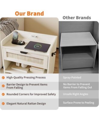 Rattan Nightstands Set of 2, Boho Bedside Table,Wooden End Table,Farmhouse Night Stand with 1 Drawer,Open Shelf