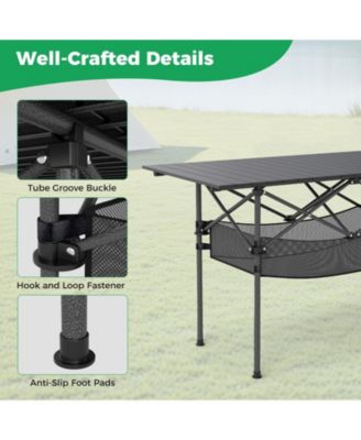 Folding Patio Camping Table with Roll-Up Top and Mesh Storage Basket, Portable