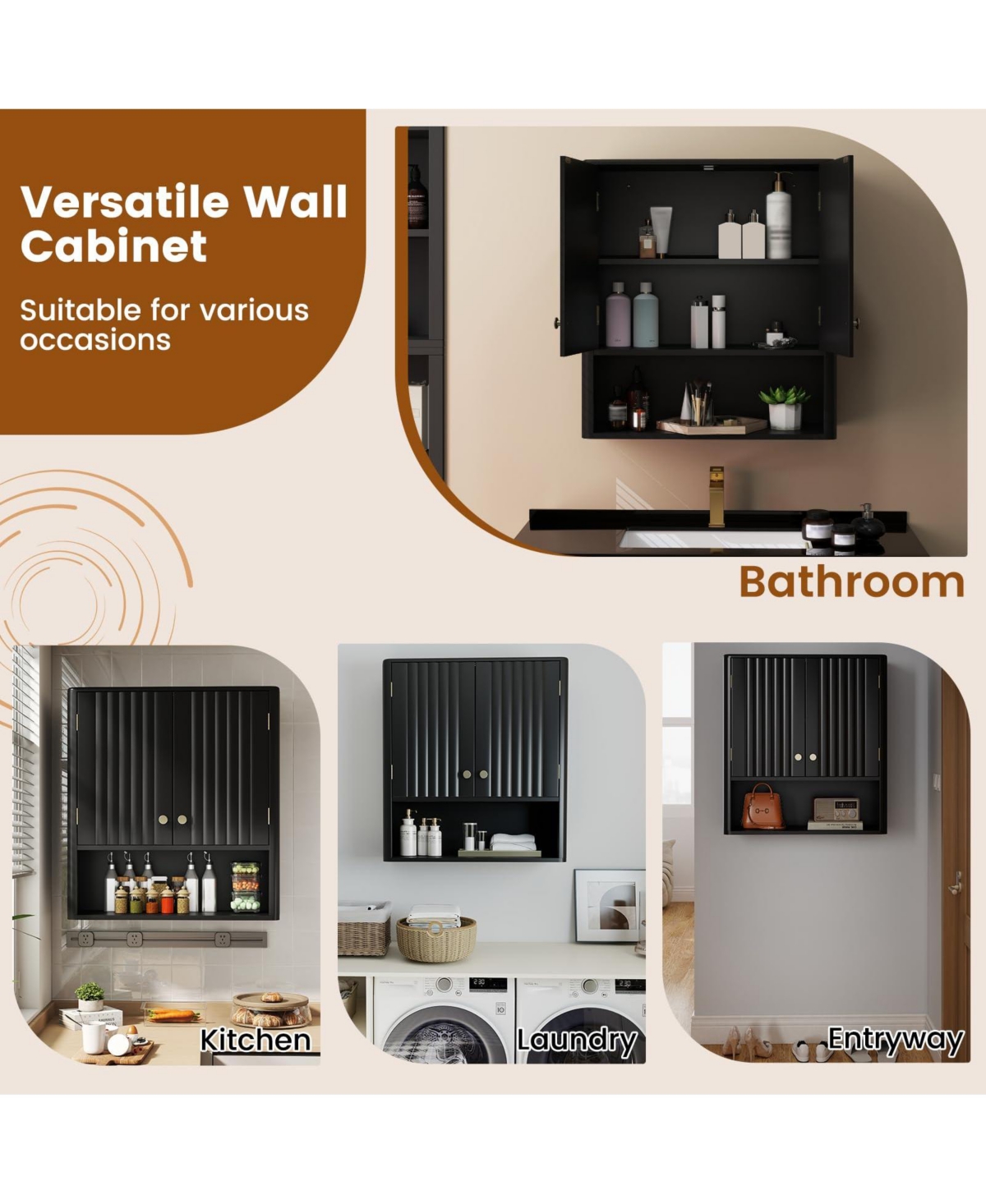 Volenca Fluted Wall-Mount Bathroom Cabinet with Open Shelf, Storage Organizer